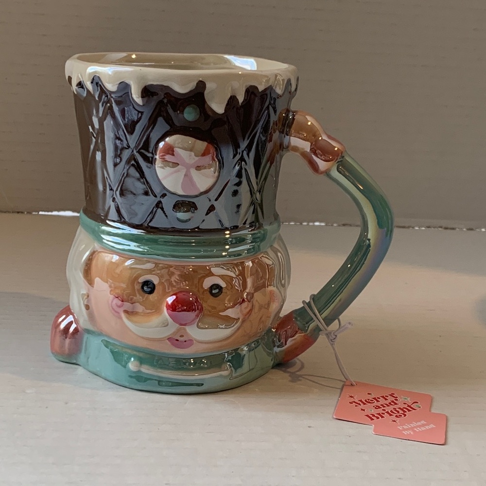 Merry and Bright Whimsical Nutcracker Man iridescent Christmas Mug NEW